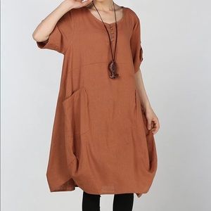 Cotton linen rust orange brown baggy oversized dress with pockets size small